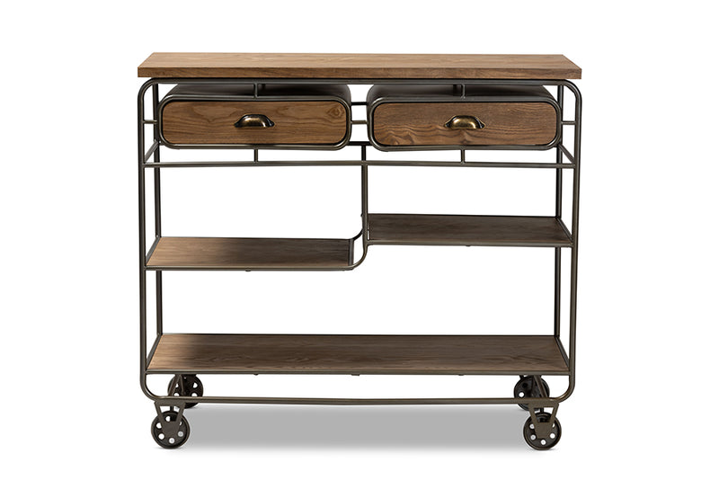Baxton Studio Grant Vintage Rustic Industrial Oak Brown Finished Wood and Black Finished Metal 2-Drawer Kitchen Cart