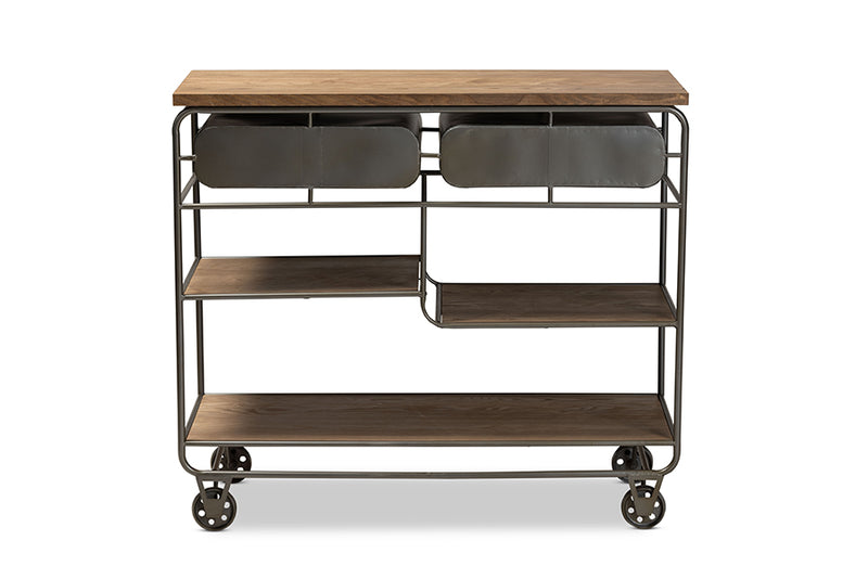 Baxton Studio Grant Vintage Rustic Industrial Oak Brown Finished Wood and Black Finished Metal 2-Drawer Kitchen Cart