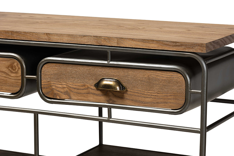 Baxton Studio Grant Vintage Rustic Industrial Oak Brown Finished Wood and Black Finished Metal 2-Drawer Kitchen Cart