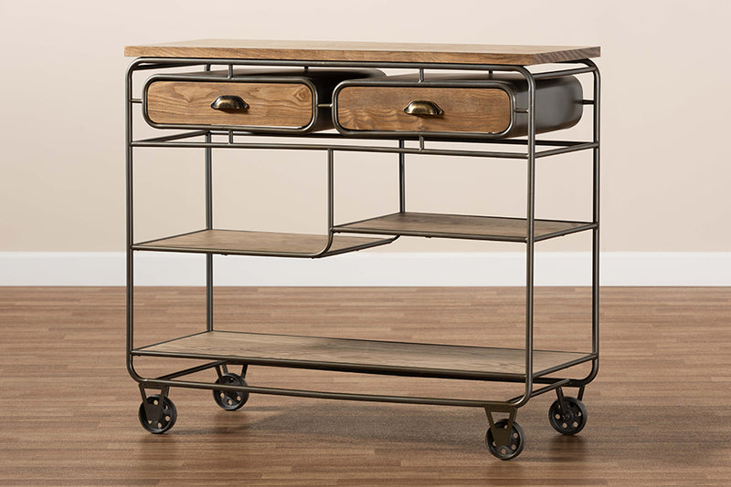 Baxton Studio Grant Vintage Rustic Industrial Oak Brown Finished Wood and Black Finished Metal 2-Drawer Kitchen Cart