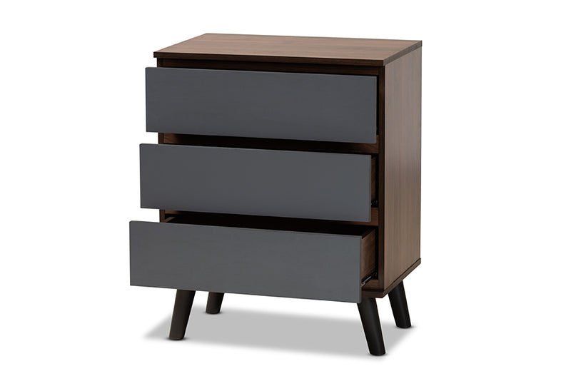 Baxton Studio Roldan Modern and Contemporary Two-Tone Walnut and Grey Finished Wood 3-Drawer Bedroom Chest