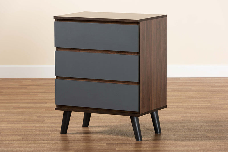 Baxton Studio Roldan Modern and Contemporary Two-Tone Walnut and Grey Finished Wood 3-Drawer Bedroom Chest