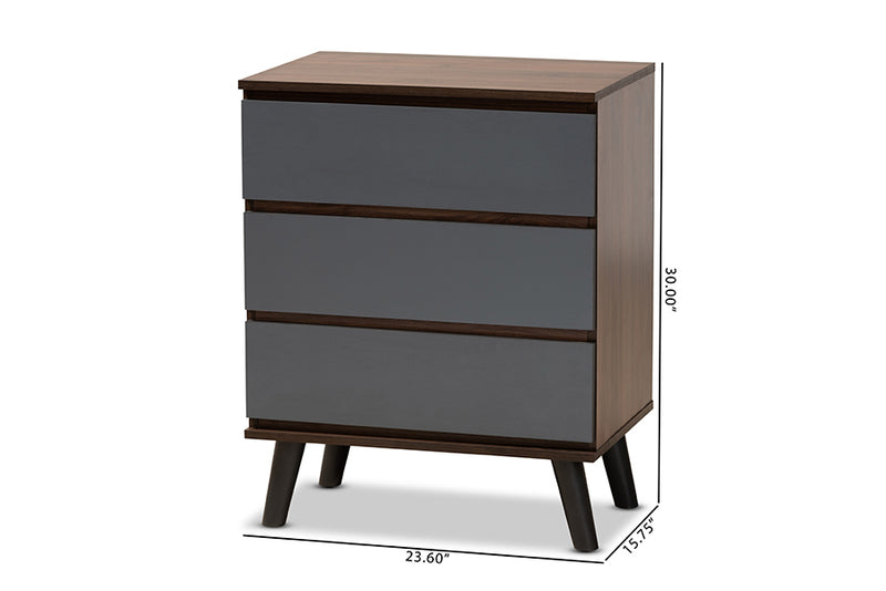Baxton Studio Roldan Modern and Contemporary Two-Tone Walnut and Grey Finished Wood 3-Drawer Bedroom Chest