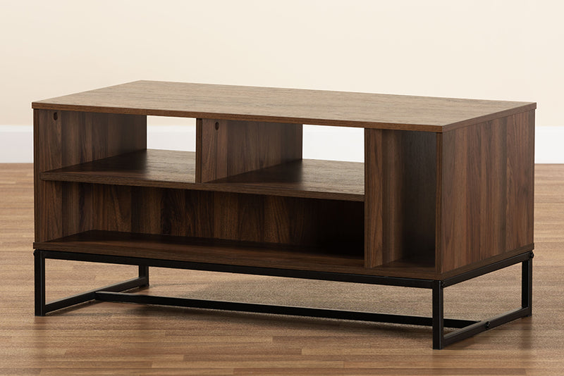 Baxton Studio Flannery Modern and Contemporary Walnut Brown Finished Wood and Black Finished Metal Coffee Table