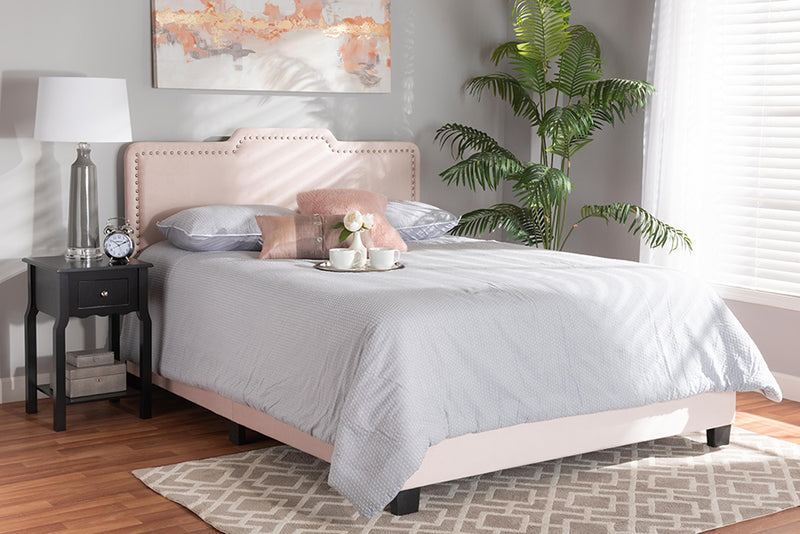 Baxton Studio Benjen Modern and Contemporary Glam Light Pink Velvet Fabric Upholstered Queen Size Panel Bed