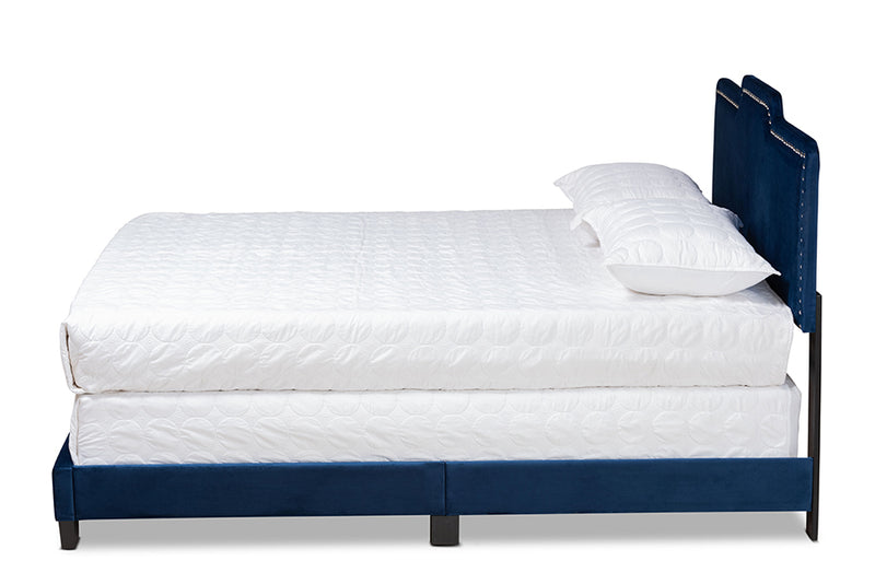 Baxton Studio Benjen Modern and Contemporary Glam Navy Blue Velvet Fabric Upholstered Queen Size Panel Bed