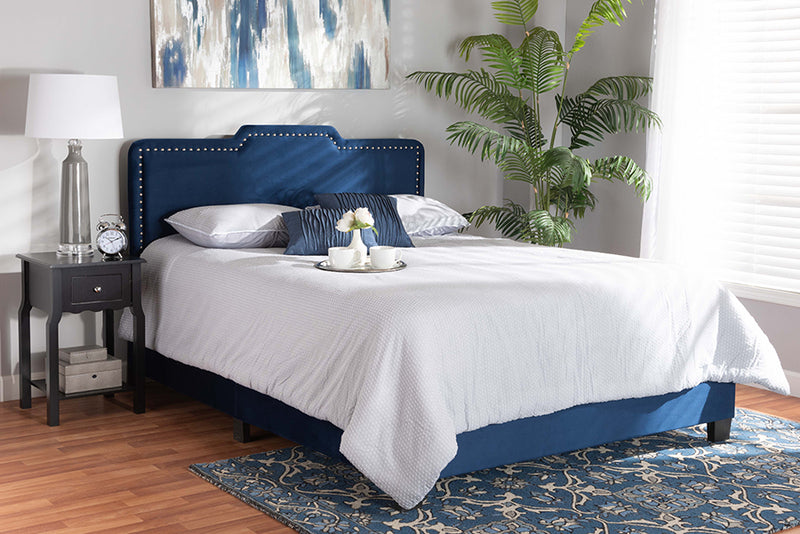 Baxton Studio Benjen Modern and Contemporary Glam Navy Blue Velvet Fabric Upholstered Queen Size Panel Bed