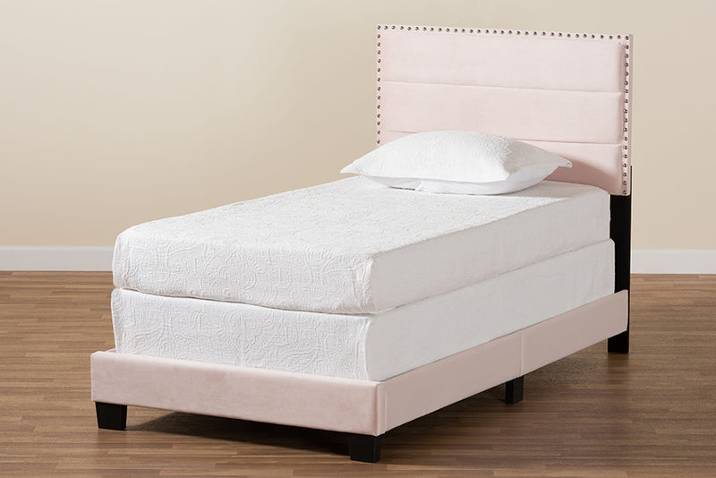 Baxton Studio Tamira Modern and Contemporary Glam Light Pink Velvet Fabric Upholstered Twin Size Panel Bed