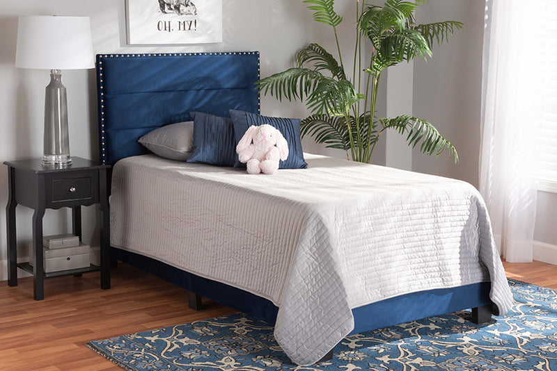 Baxton Studio Tamira Modern and Contemporary Glam Navy Blue Velvet Fabric Upholstered Twin Size Panel Bed
