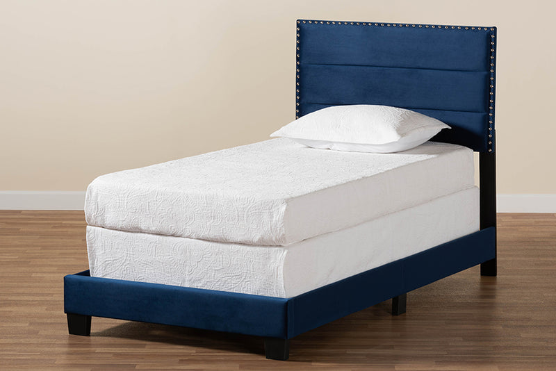 Baxton Studio Tamira Modern and Contemporary Glam Navy Blue Velvet Fabric Upholstered Twin Size Panel Bed