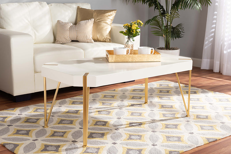 Baxton Studio Kassa Contemporary Glam and Luxe Brushed Gold Metal and White Finished Wood Coffee Table