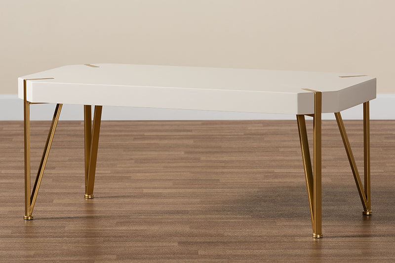 Baxton Studio Kassa Contemporary Glam and Luxe Brushed Gold Metal and White Finished Wood Coffee Table