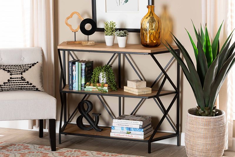 Baxton Studio Logan Modern Industrial Walnut Brown Finished Wood and Black Finished Metal 3-Tier Console Table
