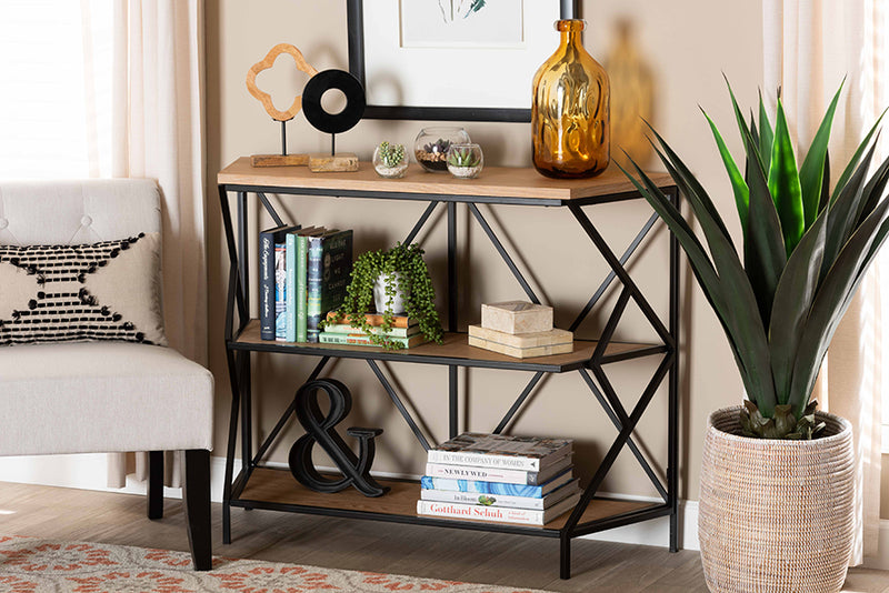 Baxton Studio Logan Modern Industrial Walnut Brown Finished Wood and Black Finished Metal 3-Tier Console Table