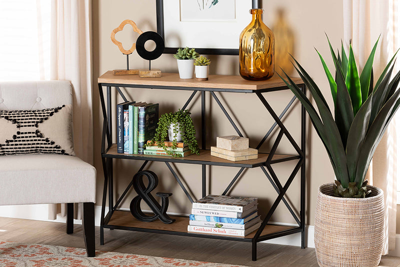 Baxton Studio Logan Modern Industrial Walnut Brown Finished Wood and Black Finished Metal 3-Tier Console Table
