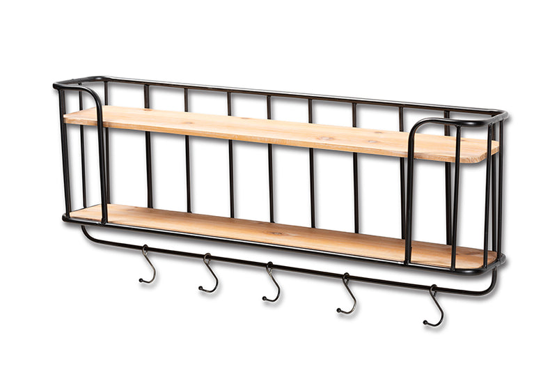 Baxton Studio Jaron Modern Industrial Oak Finished Wood and Black Finished Metal 2-Tier Entryway Wall Mounted Key and Coat Hanger