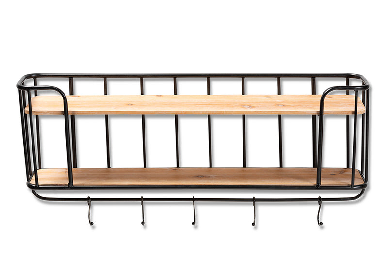 Baxton Studio Jaron Modern Industrial Oak Finished Wood and Black Finished Metal 2-Tier Entryway Wall Mounted Key and Coat Hanger