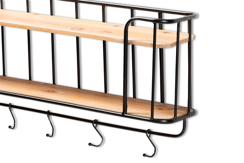 Baxton Studio Jaron Modern Industrial Oak Finished Wood and Black Finished Metal 2-Tier Entryway Wall Mounted Key and Coat Hanger