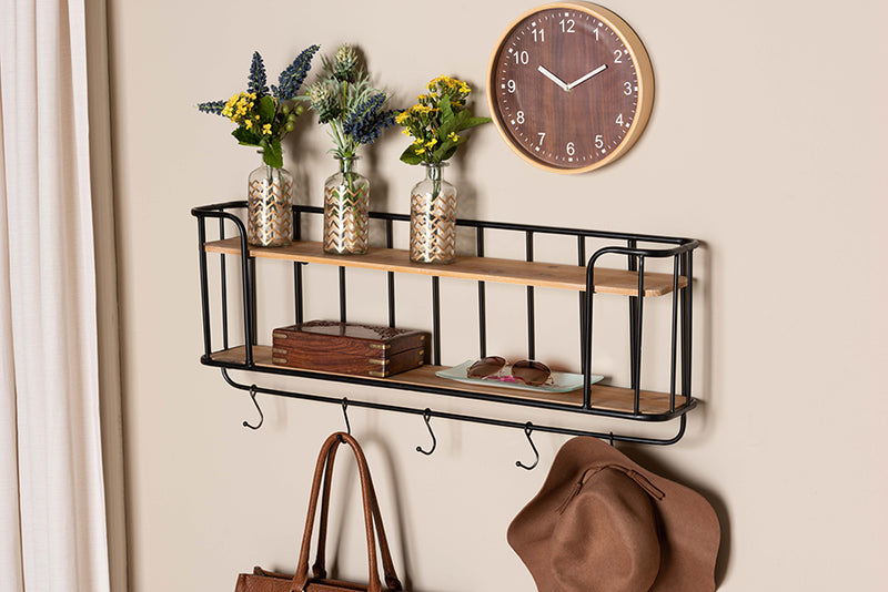 Baxton Studio Jaron Modern Industrial Oak Finished Wood and Black Finished Metal 2-Tier Entryway Wall Mounted Key and Coat Hanger