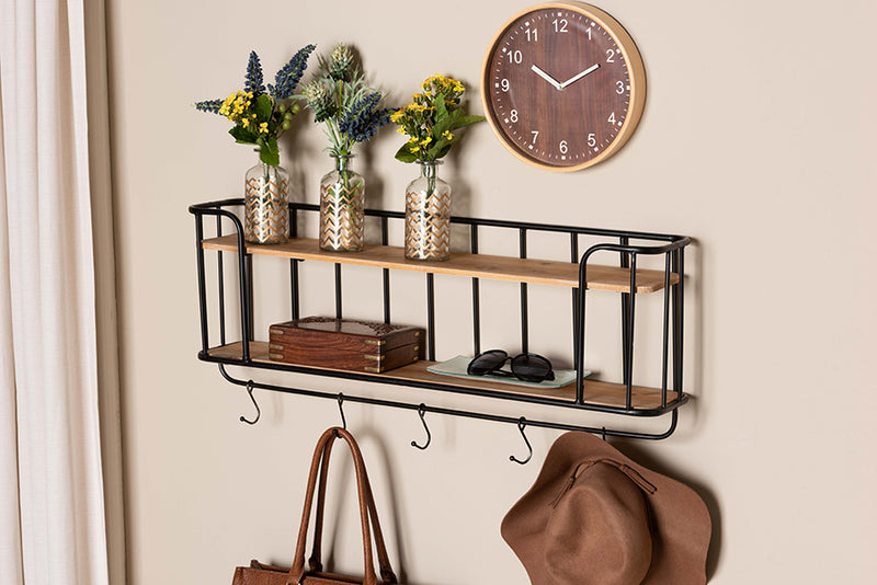 Baxton Studio Jaron Modern Industrial Oak Finished Wood and Black Finished Metal 2-Tier Entryway Wall Mounted Key and Coat Hanger