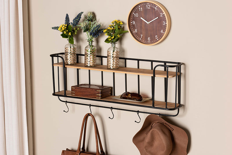 Baxton Studio Jaron Modern Industrial Oak Finished Wood and Black Finished Metal 2-Tier Entryway Wall Mounted Key and Coat Hanger