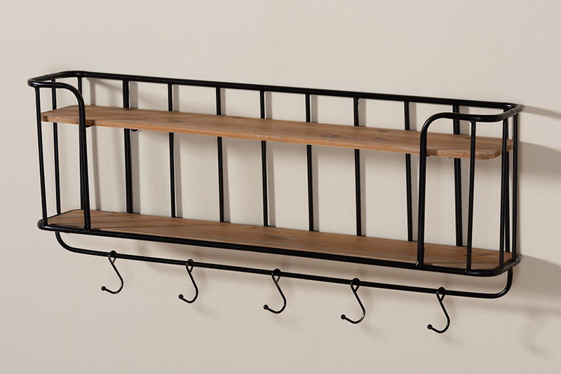 Baxton Studio Jaron Modern Industrial Oak Finished Wood and Black Finished Metal 2-Tier Entryway Wall Mounted Key and Coat Hanger