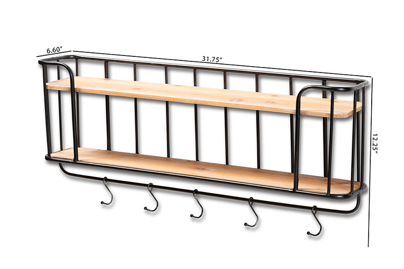 Baxton Studio Jaron Modern Industrial Oak Finished Wood and Black Finished Metal 2-Tier Entryway Wall Mounted Key and Coat Hanger