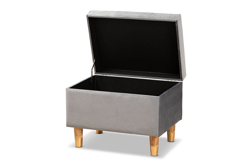 Baxton Studio Elias Modern and Contemporary Grey Velvet Fabric Upholstered and Oak Brown Finished Wood Storage Ottoman