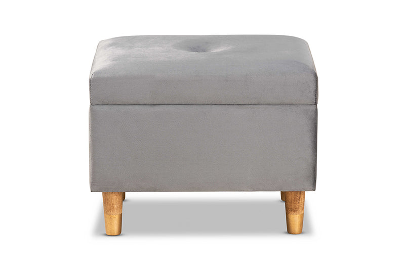Baxton Studio Elias Modern and Contemporary Grey Velvet Fabric Upholstered and Oak Brown Finished Wood Storage Ottoman