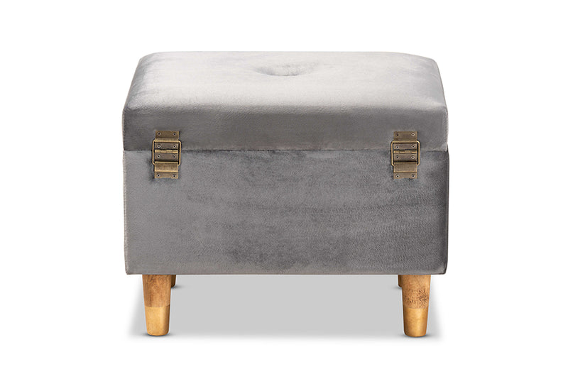 Baxton Studio Elias Modern and Contemporary Grey Velvet Fabric Upholstered and Oak Brown Finished Wood Storage Ottoman