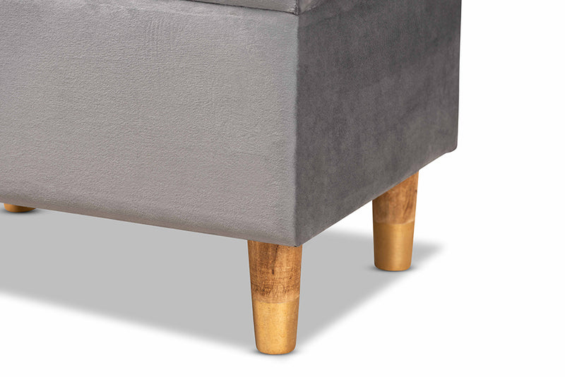 Baxton Studio Elias Modern and Contemporary Grey Velvet Fabric Upholstered and Oak Brown Finished Wood Storage Ottoman