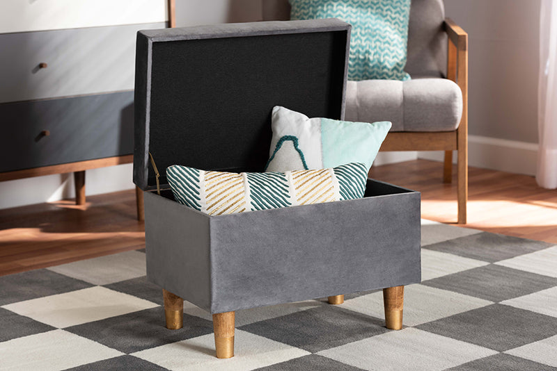 Baxton Studio Elias Modern and Contemporary Grey Velvet Fabric Upholstered and Oak Brown Finished Wood Storage Ottoman