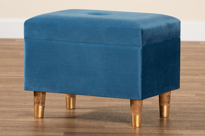 Baxton Studio Elias Modern and Contemporary Sky Blue Velvet Fabric Upholstered and Oak Brown Finished Wood Storage Ottoman