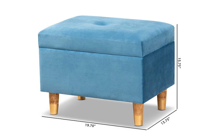 Baxton Studio Elias Modern and Contemporary Sky Blue Velvet Fabric Upholstered and Oak Brown Finished Wood Storage Ottoman