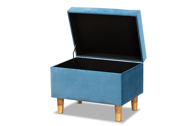 Baxton Studio Elias Modern and Contemporary Sky Blue Velvet Fabric Upholstered and Oak Brown Finished Wood Storage Ottoman
