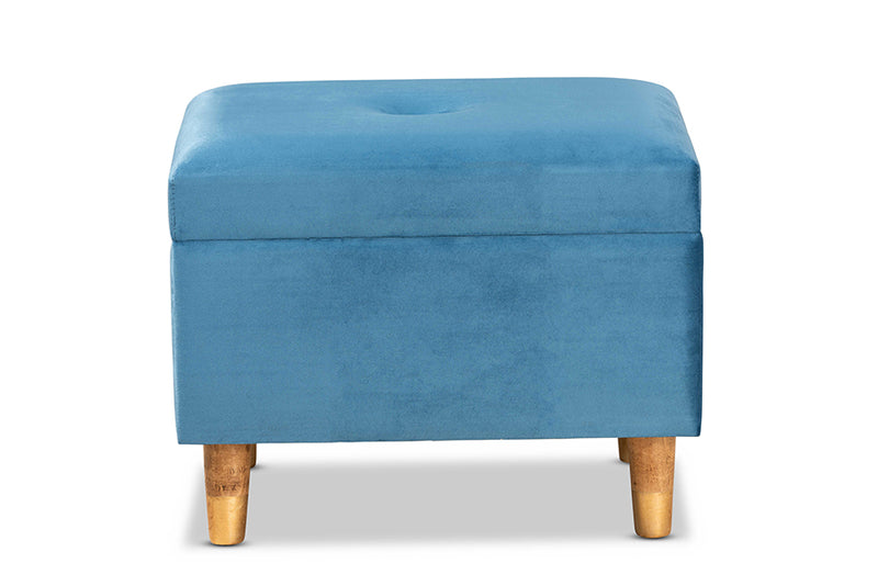 Baxton Studio Elias Modern and Contemporary Sky Blue Velvet Fabric Upholstered and Oak Brown Finished Wood Storage Ottoman