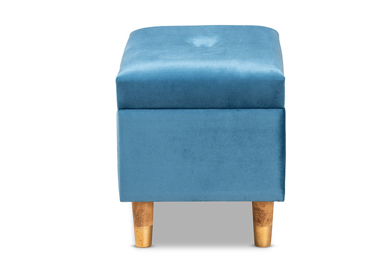 Baxton Studio Elias Modern and Contemporary Sky Blue Velvet Fabric Upholstered and Oak Brown Finished Wood Storage Ottoman