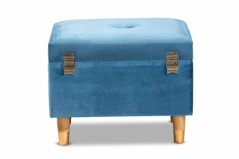 Baxton Studio Elias Modern and Contemporary Sky Blue Velvet Fabric Upholstered and Oak Brown Finished Wood Storage Ottoman
