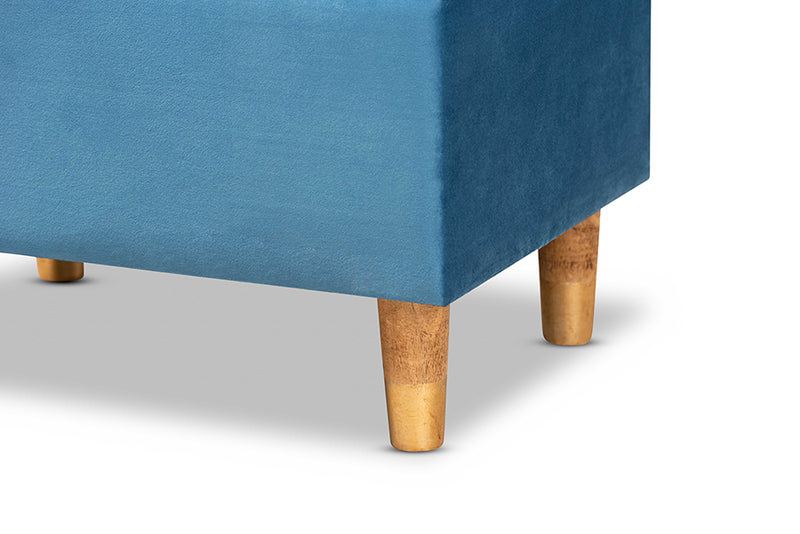 Baxton Studio Elias Modern and Contemporary Sky Blue Velvet Fabric Upholstered and Oak Brown Finished Wood Storage Ottoman