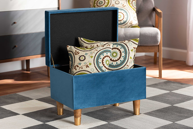 Baxton Studio Elias Modern and Contemporary Sky Blue Velvet Fabric Upholstered and Oak Brown Finished Wood Storage Ottoman