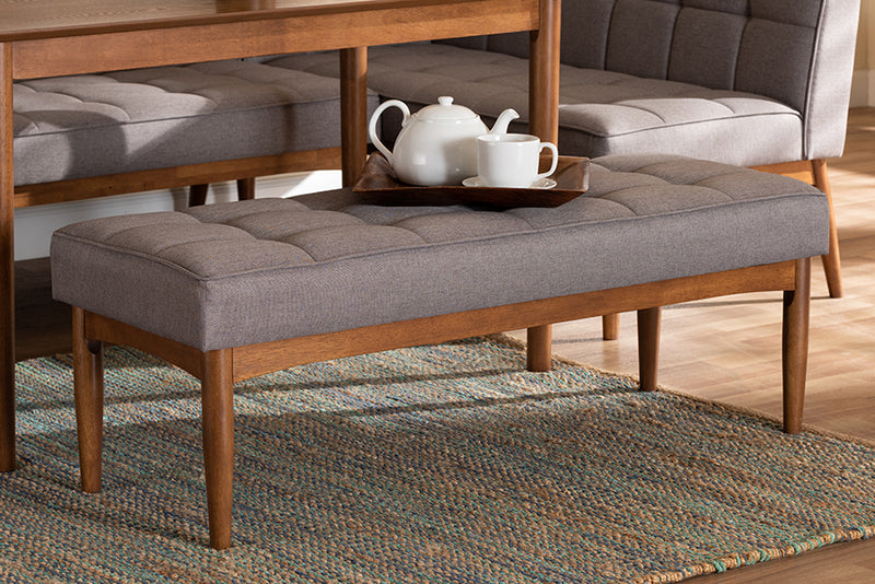 Baxton Studio Sanford Mid-Century Modern Grey Fabric Upholstered and Walnut Brown Finished Wood Dining Bench