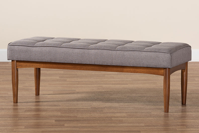 Baxton Studio Sanford Mid-Century Modern Grey Fabric Upholstered and Walnut Brown Finished Wood Dining Bench