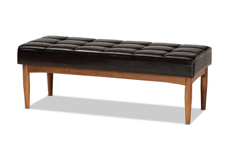 Baxton Studio Sanford Mid-Century Modern Dark Brown Faux Leather Upholstered and Walnut Brown Finished Wood Dining Bench