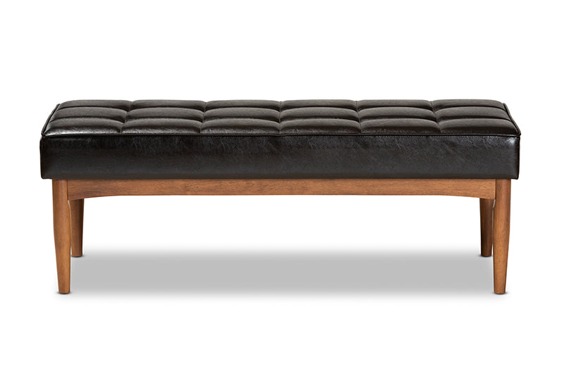 Baxton Studio Sanford Mid-Century Modern Dark Brown Faux Leather Upholstered and Walnut Brown Finished Wood Dining Bench