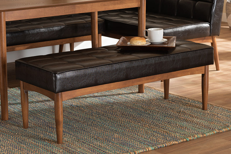Baxton Studio Sanford Mid-Century Modern Dark Brown Faux Leather Upholstered and Walnut Brown Finished Wood Dining Bench