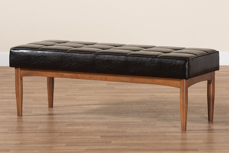 Baxton Studio Sanford Mid-Century Modern Dark Brown Faux Leather Upholstered and Walnut Brown Finished Wood Dining Bench