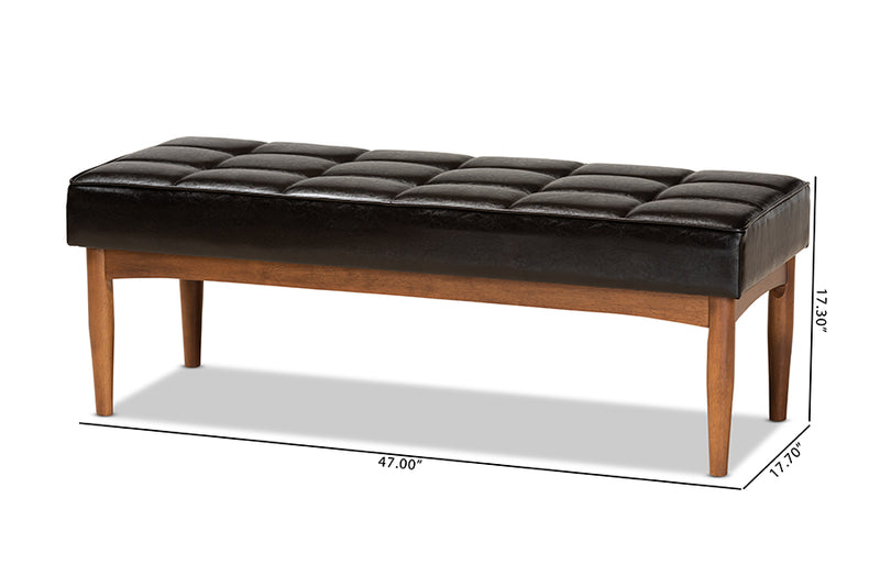 Baxton Studio Sanford Mid-Century Modern Dark Brown Faux Leather Upholstered and Walnut Brown Finished Wood Dining Bench
