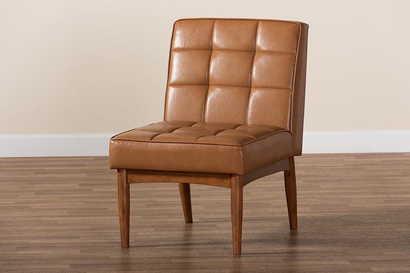 Baxton Studio Sanford Mid-Century Modern Tan Faux Leather Upholstered and Walnut Brown Finished Wood Dining Chair