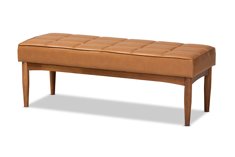 Baxton Studio Sanford Mid-Century Modern Tan Faux Leather Upholstered and Walnut Brown Finished Wood Dining Bench