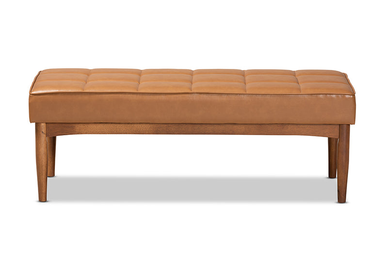 Baxton Studio Sanford Mid-Century Modern Tan Faux Leather Upholstered and Walnut Brown Finished Wood Dining Bench